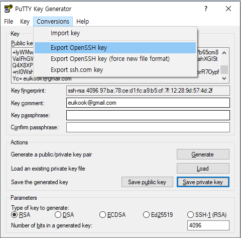 puttygen - export as OpenSSH key